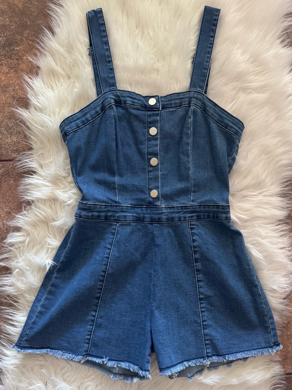 Saints & Hearts Denim Romper in Medium Blue
